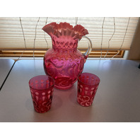 BEAUTIFUL Button and Braids Art Glass Pitcher with 2 Glasses Set