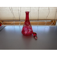 Vintage Ruby Red Etched Grapes Glass Decanter with 2 Glasses