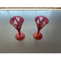 Vintage Ruby Red Etched Grapes Glass Decanter with 2 Glasses