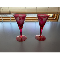 Vintage Ruby Red Etched Grapes Glass Decanter with 2 Glasses