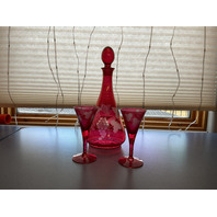 Vintage Ruby Red Etched Grapes Glass Decanter with 2 Glasses