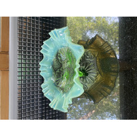 ANTIQUE Jefferson Glass Green Opalescent Ruffles & Rings 3 Footed Bowl 9"W c1906