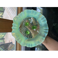 ANTIQUE Jefferson Glass Green Opalescent Ruffles & Rings 3 Footed Bowl 9"W c1906