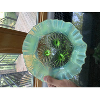 ANTIQUE Jefferson Glass Green Opalescent Ruffles & Rings 3 Footed Bowl 9"W c1906