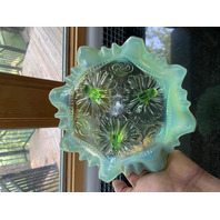ANTIQUE Jefferson Glass Green Opalescent Ruffles & Rings 3 Footed Bowl 9"W c1906