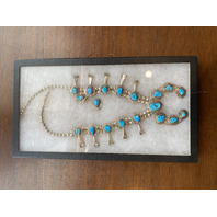 VTG Sterling Silver W/Turquoise NAVAJO Squash Blossom Necklace W/Earrings & CASE