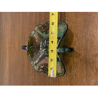 ANTIQUE FENTON Green Iridescent HONEYCOMB & CLOVER Double Handled Dish 7.5"L