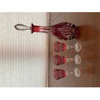 STUNNING VTG NACHTMANN NIERSTEIN Cranberry Cut To Clear Crystal Decanter SET(4)