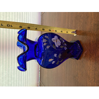 STUNNING VTG FENTON Cobalt Blue GOLDEN FLAX Floral PAINTED Vase 9.25"H SIGNED
