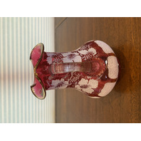 BEAUTIFUL VICTORIAN Cranberry W/White Overshot Leaves & Grapes Pitcher 8.5"H