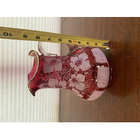 BEAUTIFUL VICTORIAN Cranberry W/White Overshot Leaves & Grapes Pitcher 8.5"H