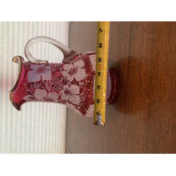 BEAUTIFUL VICTORIAN Cranberry W/White Overshot Leaves & Grapes Pitcher 8.5"H