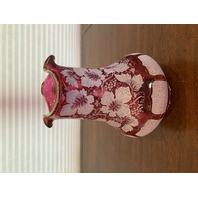 BEAUTIFUL VICTORIAN Cranberry W/White Overshot Leaves & Grapes Pitcher 8.5"H