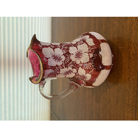 BEAUTIFUL VICTORIAN Cranberry W/White Overshot Leaves & Grapes Pitcher 8.5"H