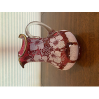 BEAUTIFUL VICTORIAN Cranberry W/White Overshot Leaves & Grapes Pitcher 8.5"H