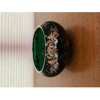 ANTIQUE ART NOUVEAU Emerald Green Floral STERLING OVERLAY Art Glass Bowl 7.25"W