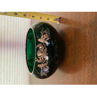 ANTIQUE ART NOUVEAU Emerald Green Floral STERLING OVERLAY Art Glass Bowl 7.25"W