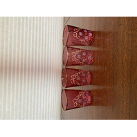 BEAUTIFUL SET(4) ANTIQUE VICTORIAN Cranberry W/Gold Floral Enameled Tumblers 4"H