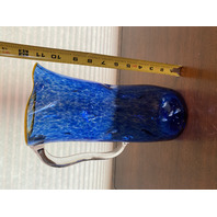 GEORGEOUS LARGE 2019 Cobalt Blue & Yellow Art Glass Pitcher 11.5"H Signed