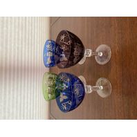 STUNNING SET(4) VTG Multicolored Cut To Clear Grape & Star Pattern Glasses 6.5"H