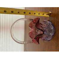 STUNNING VTG FENTON MULBERRY Swirl Handle Dot Optic Art Glass Basket 8"H