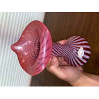 STUNNING VTG FENTON Cranberry Striped Jack In The Pulpit Vase W/LABEL 8.25"H