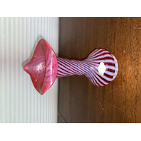 STUNNING VTG FENTON Cranberry Striped Jack In The Pulpit Vase W/LABEL 8.25"H