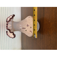VTG FENTON Purple Crest Floral PAINTED Spanish Lace Milk Glass Vase SIGNED 7.75"