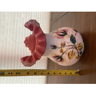 VTG FENTON For L.G. WRIGHT Peach Blow Satin MOSS ROSE PAINTED VASES 10"H PAIR
