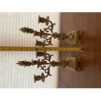 STUNNING PAIR Of Green & Gold Toned  Brass & Onyx Candelabras 15.75"H, 16"H