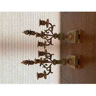 STUNNING PAIR Of Green & Gold Toned  Brass & Onyx Candelabras 15.75"H, 16"H