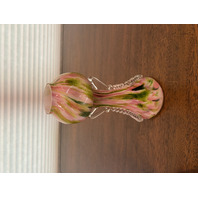 BEAUTIFUL VTG Green & Pink Aventurine Art Glass Vase W/Clear Handles 7"H