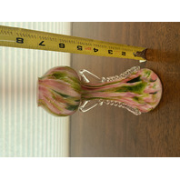 BEAUTIFUL VTG Green & Pink Aventurine Art Glass Vase W/Clear Handles 7"H