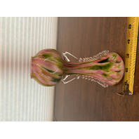 BEAUTIFUL VTG Green & Pink Aventurine Art Glass Vase W/Clear Handles 7"H