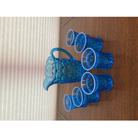 BEAUTIFUL VTG Blue Opalescent Floral/Honeycomb Glass Pitcher & 6 Glasses SET(7)