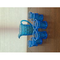 BEAUTIFUL VTG Blue Opalescent Floral/Honeycomb Glass Pitcher & 6 Glasses SET(7)