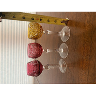 STUNNING MIX(3) VTG Multicolored Cut To Clear Crystal Cordial Glasses 5.25"H