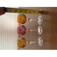 STUNNING SET(3) VTG Cranberry & Amber Cut To Clear Crystal Cordial Glasses 5.25"