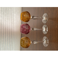 STUNNING SET(3) VTG Cranberry & Amber Cut To Clear Crystal Cordial Glasses 5.25"