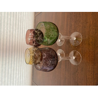 STUNNING SET(4) VTG Multicolored Bohemian Grape Cut To Clear Wine Glasses 8.25"H