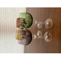 STUNNING SET(4) VTG Multicolored Bohemian Grape Cut To Clear Wine Glasses 8.25"H