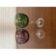 STUNNING VTG Amethyst/Green Cut To Clear Grape Crystal Wine Glasses 7.75"H PAIR