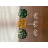 STUNNING SET(3) VTG AJKA Green/Tangerine Cut To Clear Crystal Wine Glasses 7.5"H
