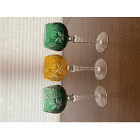 STUNNING SET(3) VTG AJKA Green/Tangerine Cut To Clear Crystal Wine Glasses 7.5"H