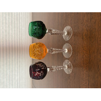STUNNING SET(3) VTG Lausitzer Multicolored Cut To Clear Crystal Cordials 5.25"H
