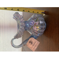 VTG FENTON IRISES ON MISTY BLUE LTD ED #1328 Pitcher W/LABEL PAINTED/SIGNED 7"H