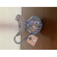 VTG FENTON IRISES ON MISTY BLUE LTD ED #1328 Pitcher W/LABEL PAINTED/SIGNED 7"H