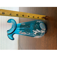 100th Anniversary FENTON Turquoise SEA LIFE Seahorse LTD ED #1405 Vase 7.25" HTF