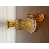 RARE VTG Honey Amber Cut To Clear Grape Etched Decanter W/STOPPER 9.5"H