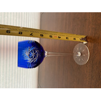 STUNNING VTG Cobalt Blue Cut To Clear PINWHEEL Smooth Stem Wine Glass 8"H